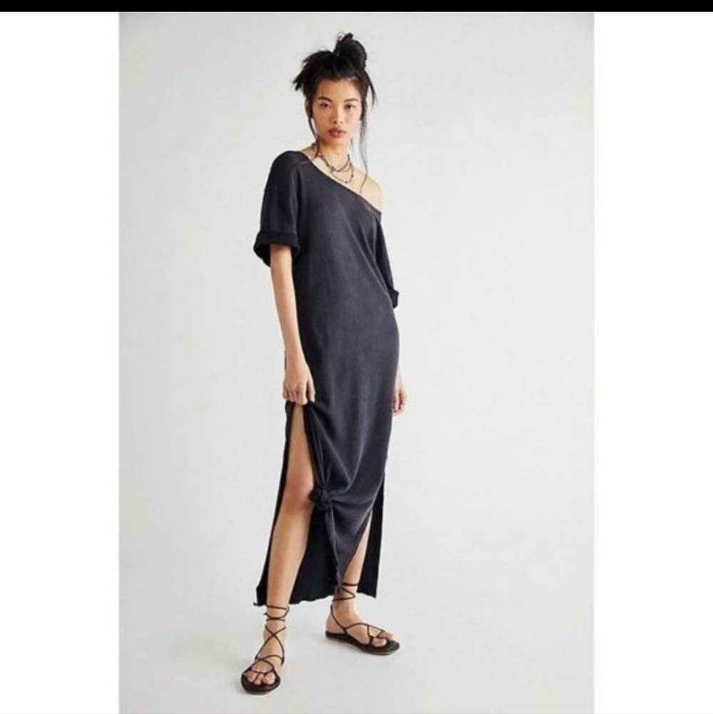 NWOT Vintage Souls X Free People Black Solid Vortex Maxi T-Shirt Dress - Large